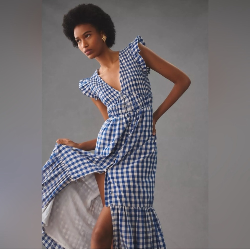 Anthropologie The Peregrine Midi Dress Gingham Blue - Picture 2 of 7